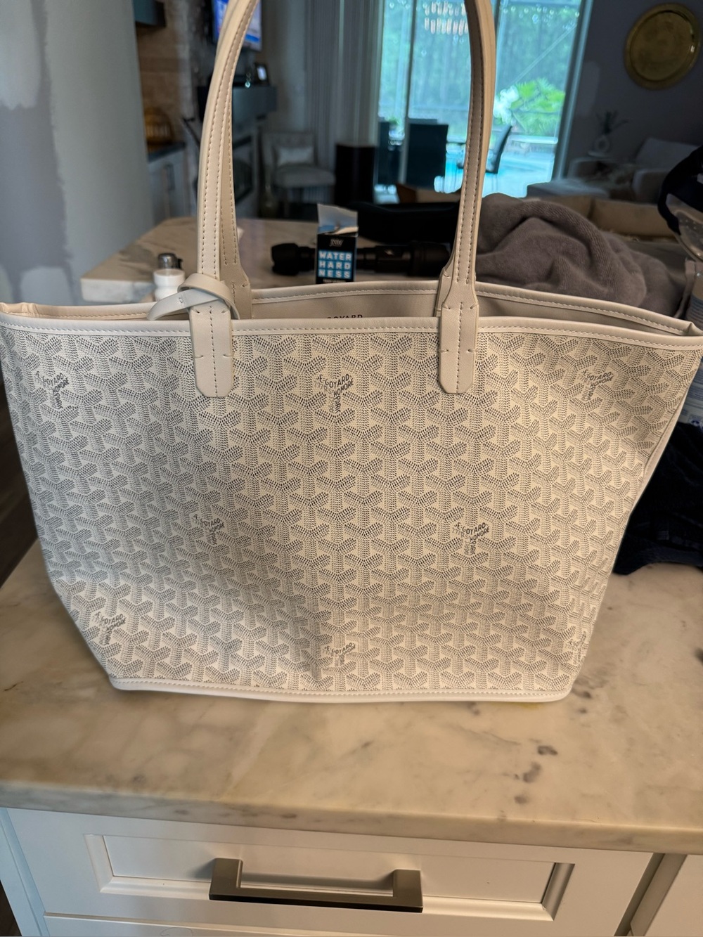 Goyard-Style White Canvas Tote Bag